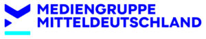 Logo for Mediengruppe Mitteldeutschland: bold blue text with geometric left marks (chevron, triangle) and a cyan bar.