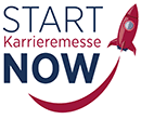 Logo for START NOW Karrieremesse featuring blue and red text with a red rocket curve/arc, symbolizing launching careers.